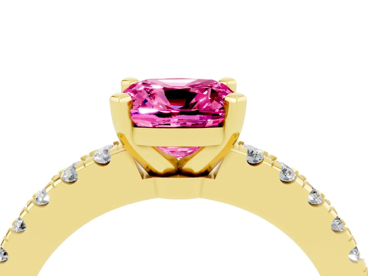 Cushion Cut Solitaire Pink Sapphire with Pavé Band and Four-Prong Setting Yellow gold