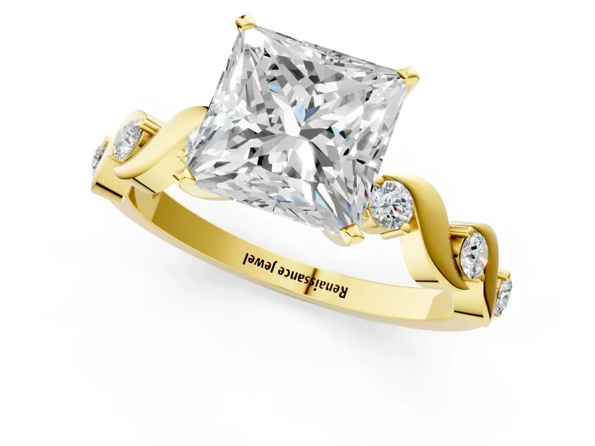 Princess Cut Diamond Solitaire Twisted Band with Round Accents and Prong Setting Yellow gold