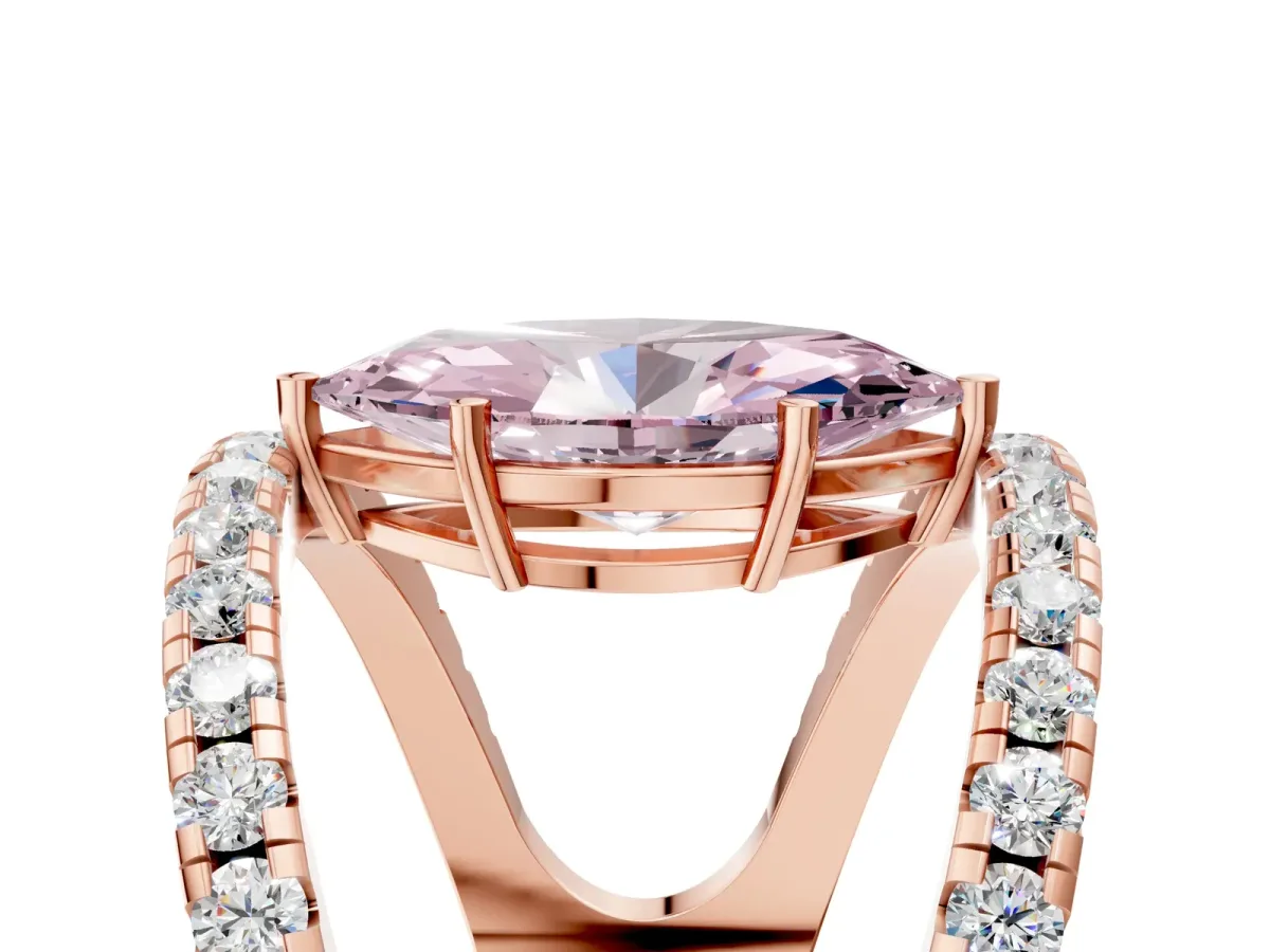 Fancy Pink Marquise Cut Solitaire Split Shank Pave Diamond Ring Rose gold
