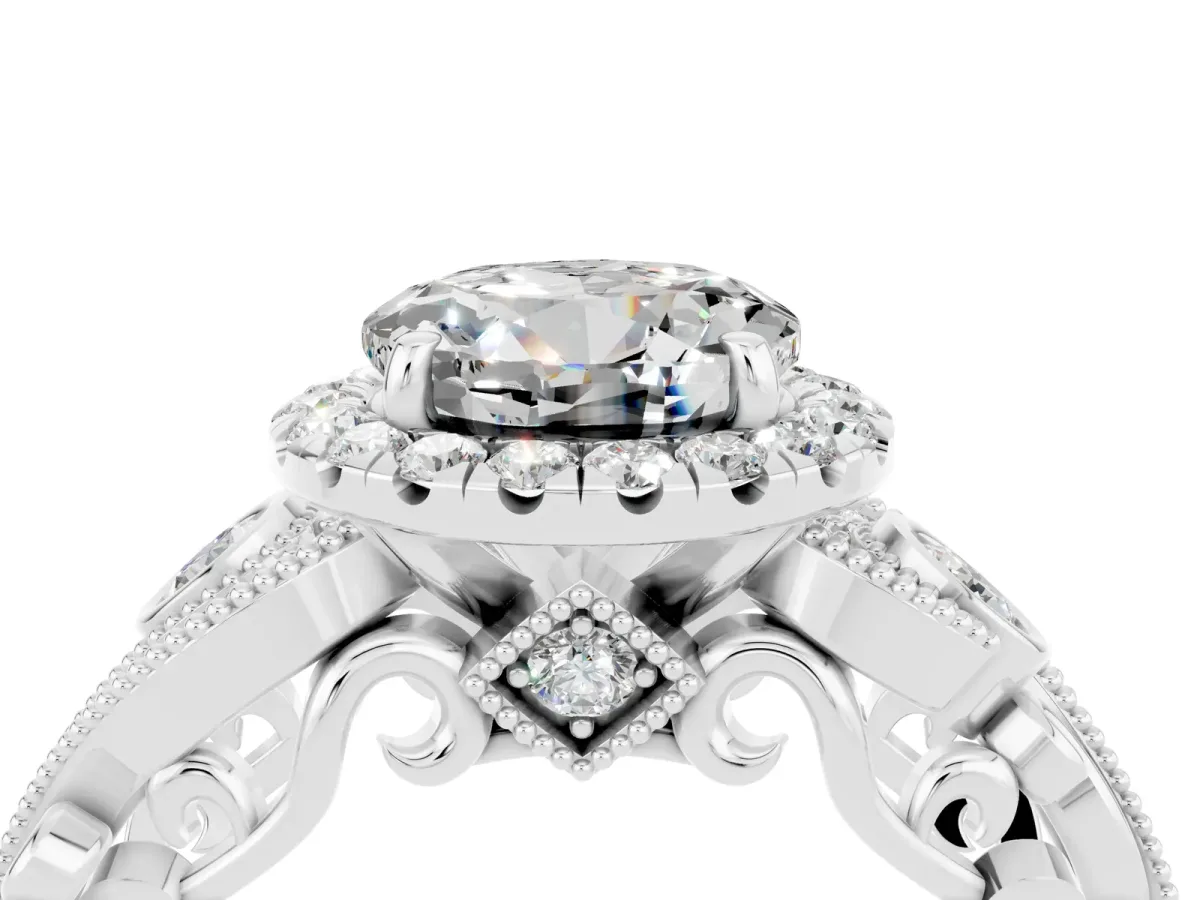 Round Cut Moissanite Halo Ring with Milgrain Pavé Band and Four-Prong Setting Platinum