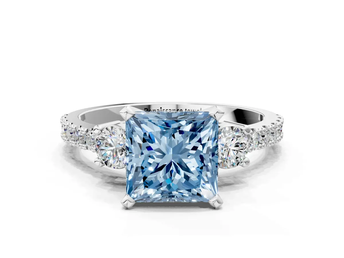 Fancy Blue Princess Cut Cut Three-Stone Diamond Pavé Band with Prong Setting Platinum