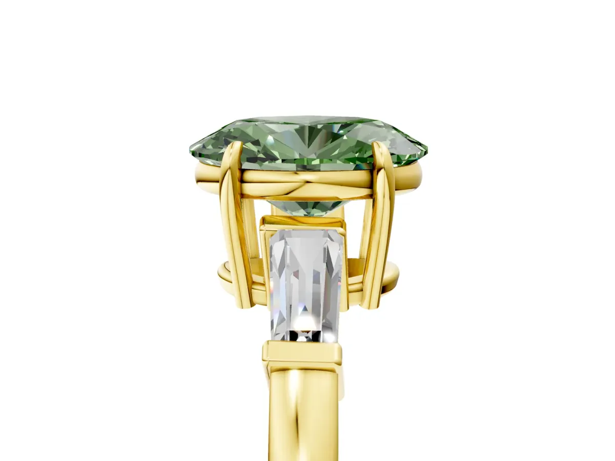 Fancy Green Oval Cut Diamond Three-Stone Ring with Tapered Baguette Side Stones and Prong Setting Yellow gold