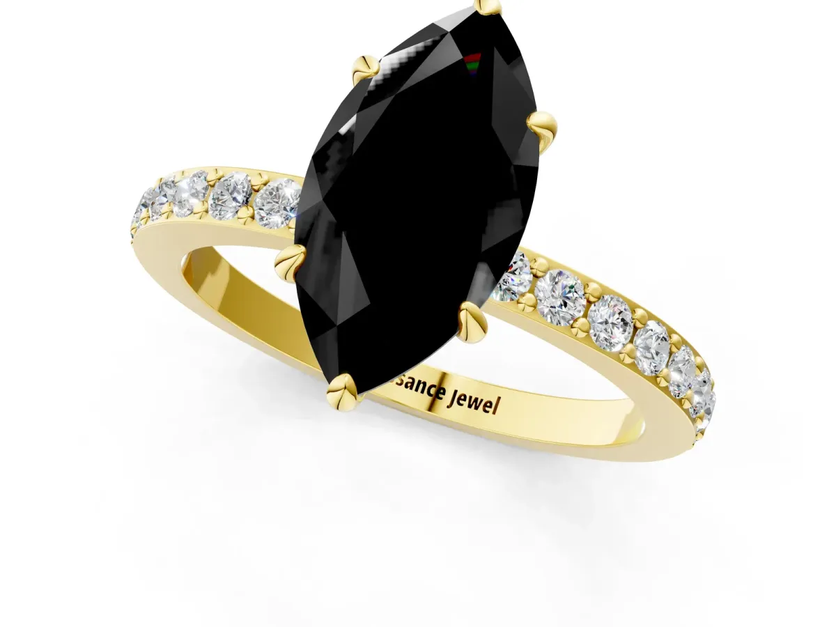 Fancy Black Marquise Cut Diamond Solitaire Engagement Ring with Pavé Band and Four-Prong Setting Yellow gold