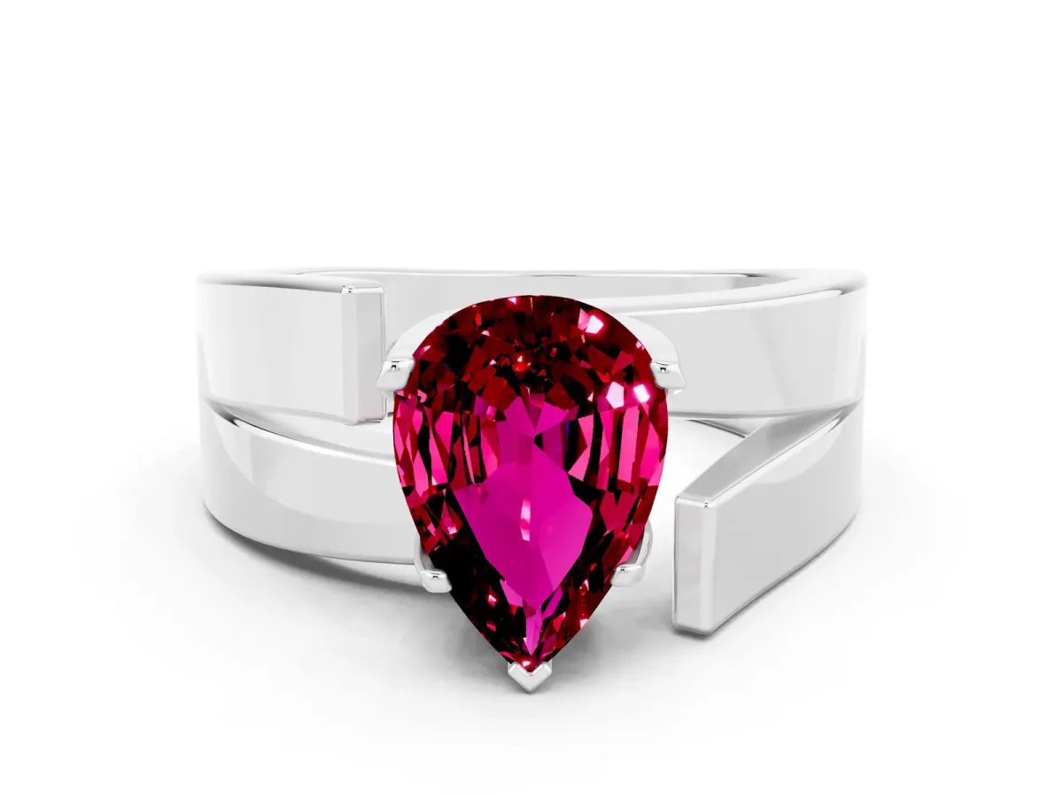 Modern Tension Set Pear Cut Garnet Solitaire Wide Band Ring Silver