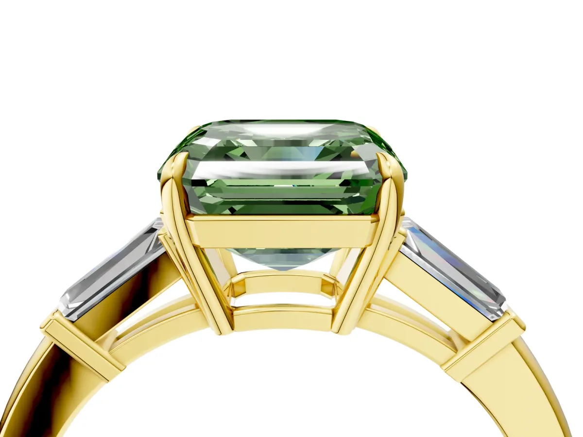 Fancy Green Asscher Cut Diamond Three-Stone Ring with Tapered Baguette Side Stones and Prong Setting Yellow gold