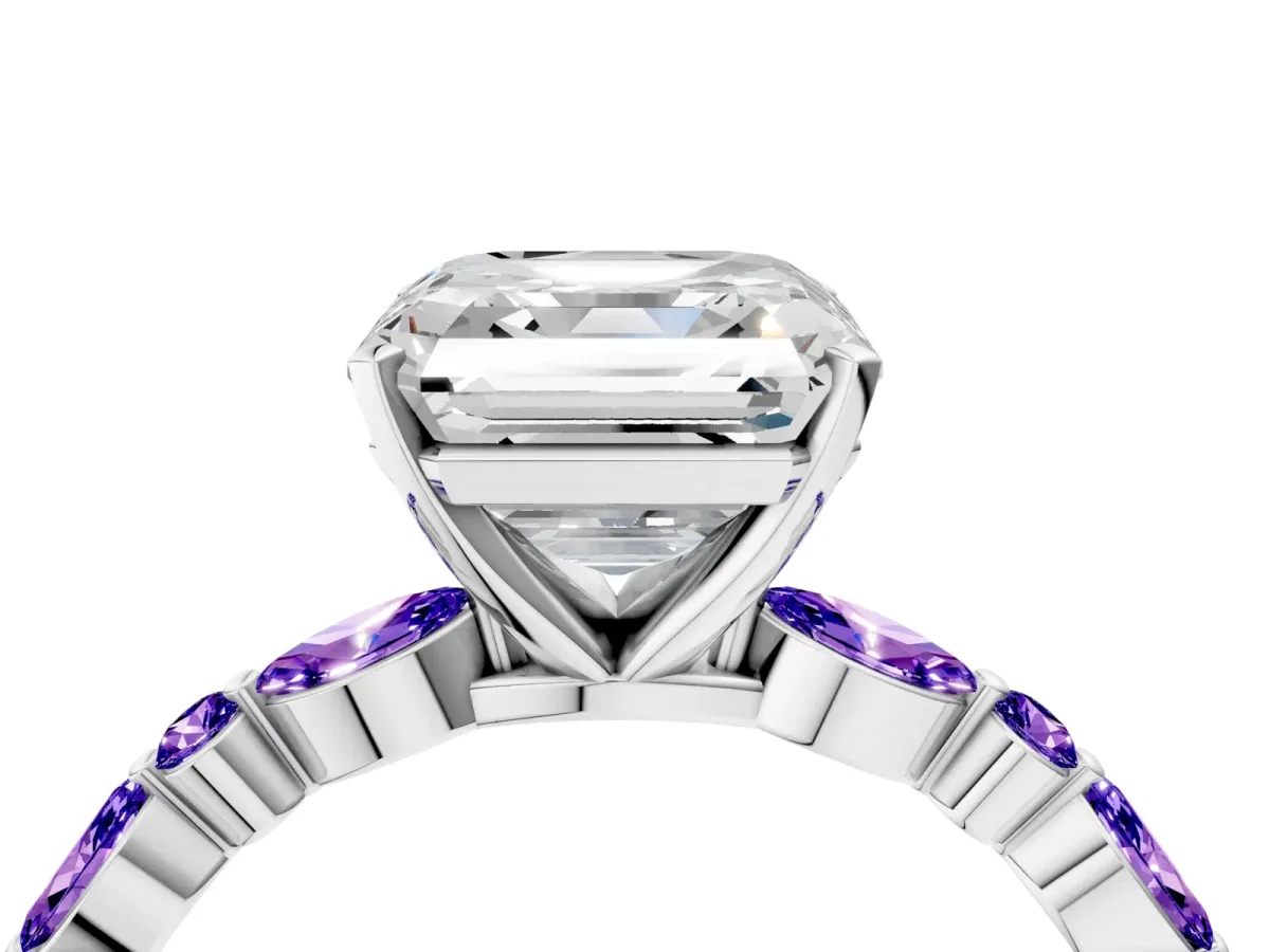Asscher Cut Diamond Ring with Marquise and Round Tanzanite Side Stones and Four-Prong Setting White gold