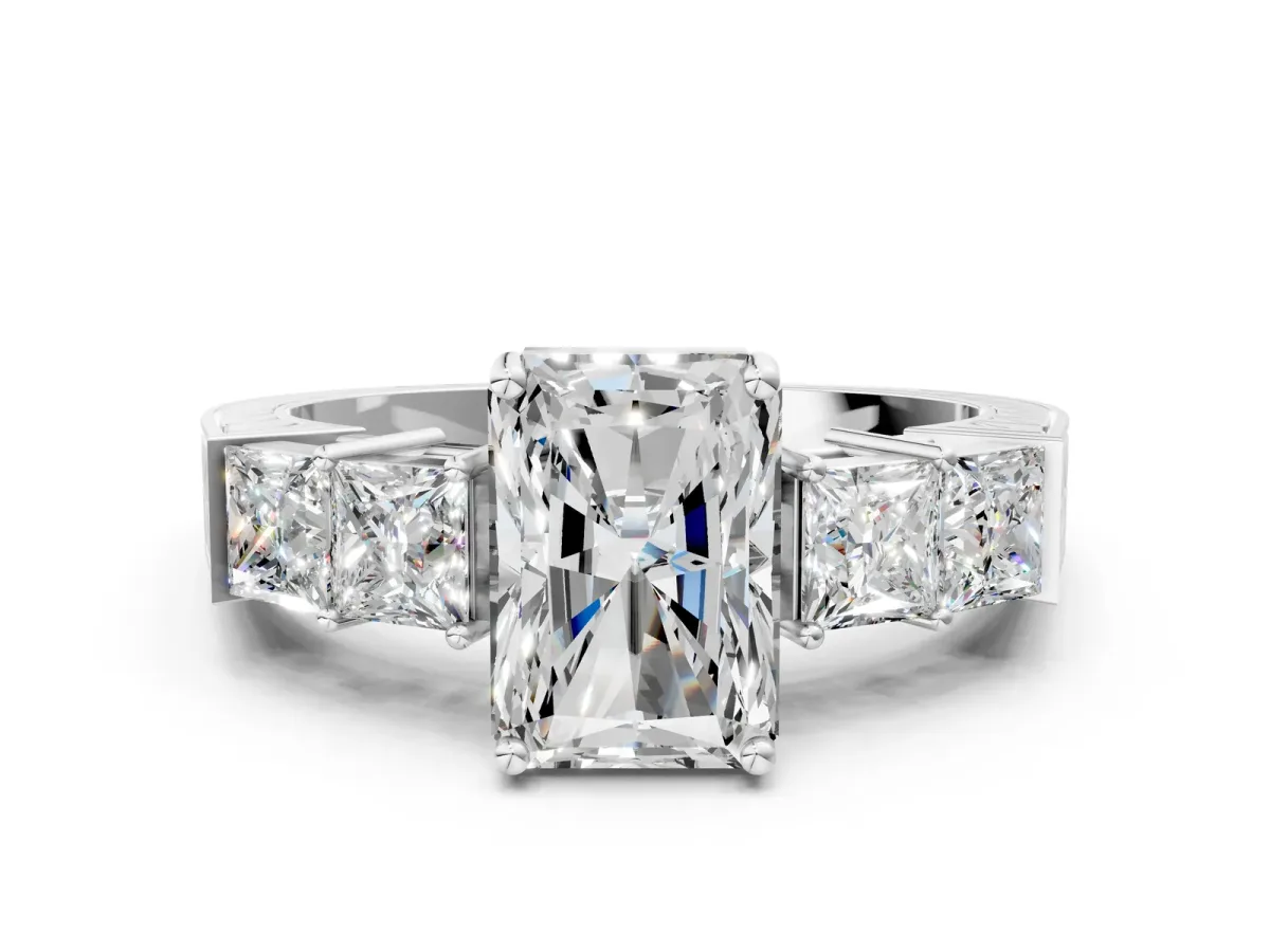 Radiant Cut Solitaire Princess Side Stone Engraved Band Prong Setting Ring Silver