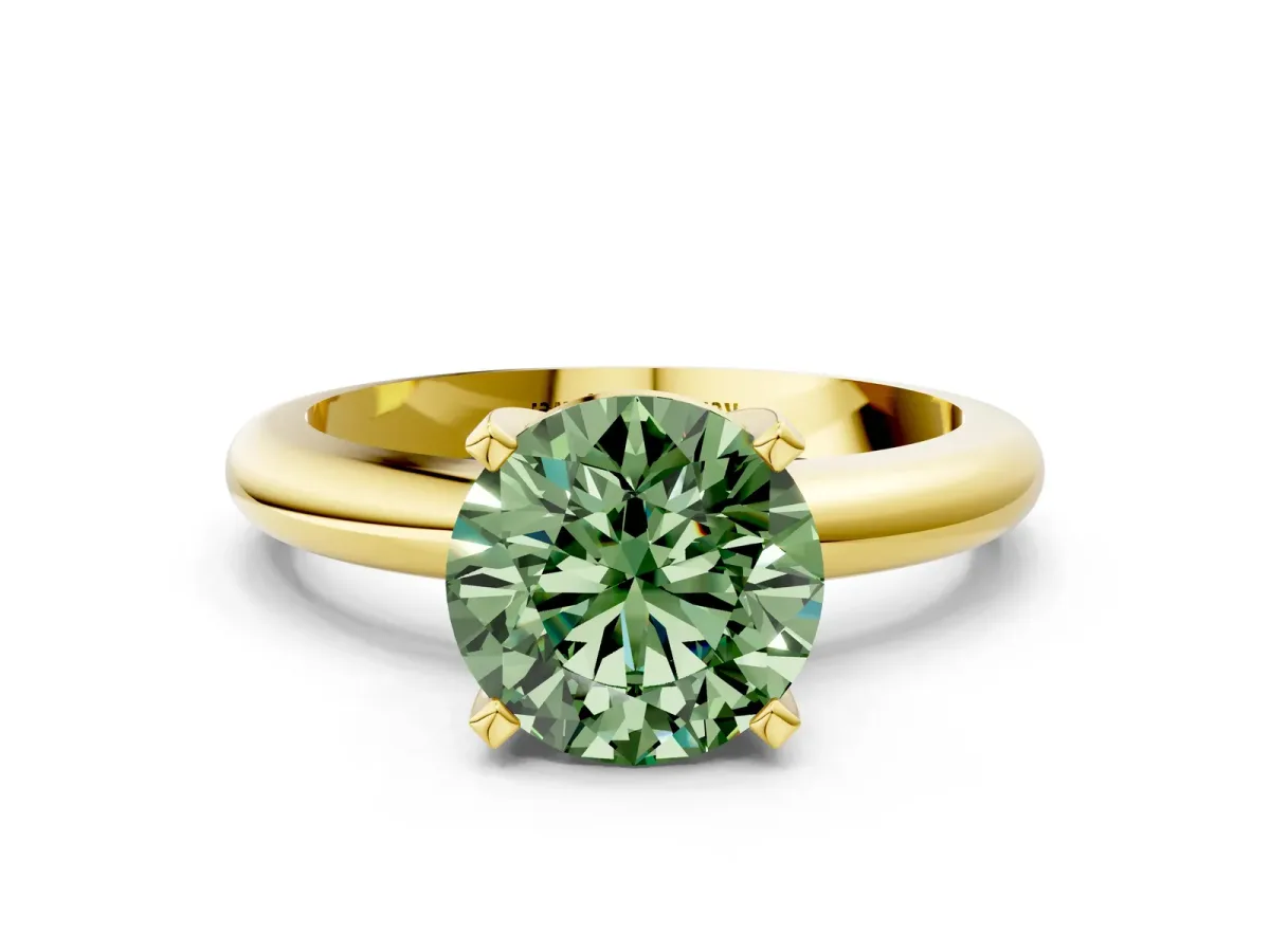 Fancy Green Round Cut Diamond Solitaire Engagement Ring with Round Band and Four-Prong Setting Yellow gold
