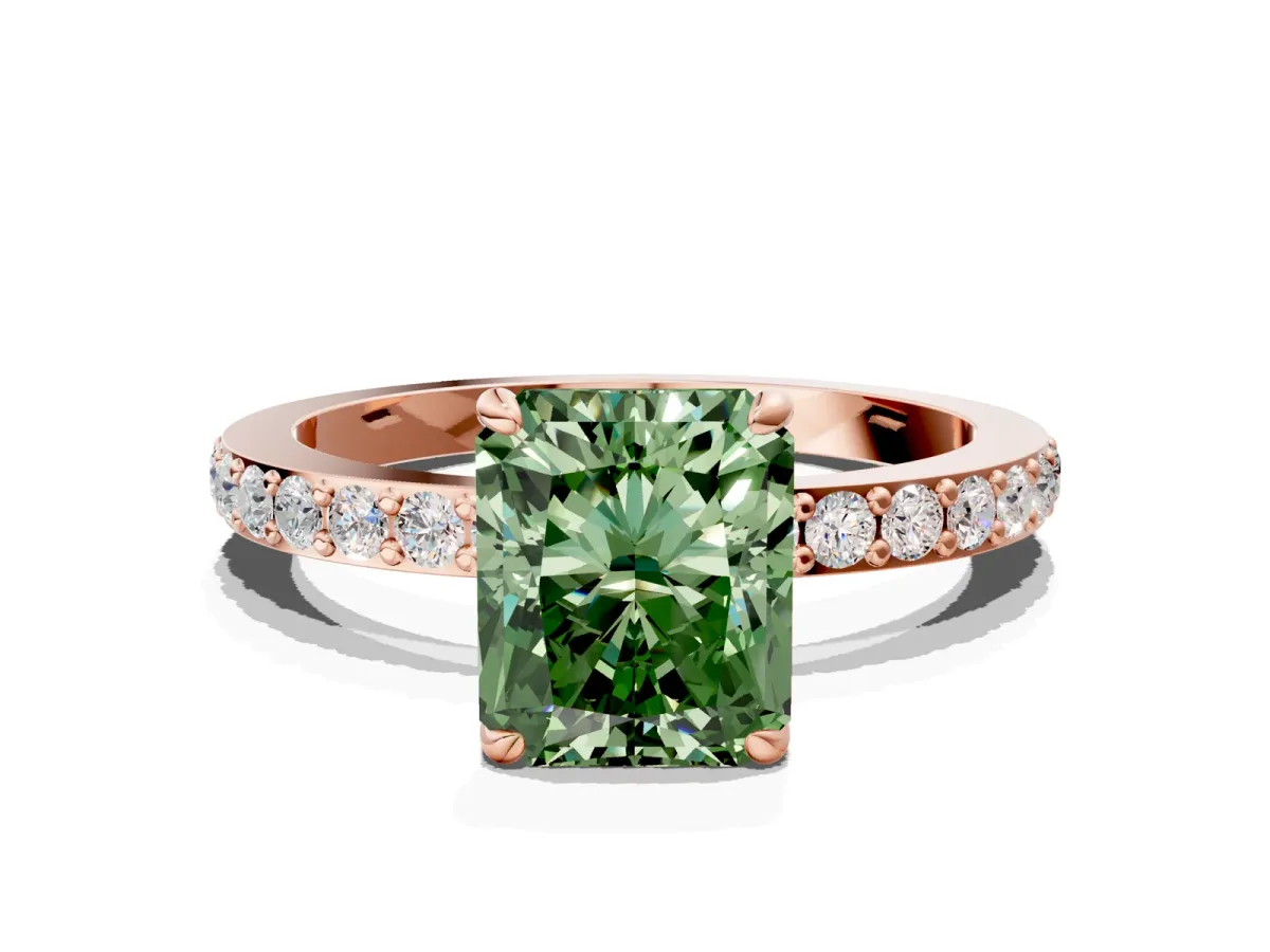 Fancy Green Radiant Cut Diamond Solitaire Engagement Ring with Pavé Band and Four-Prong Setting Rose gold