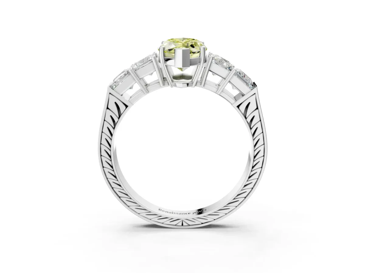 Fancy Yellow Marquise Cut Solitaire Princess Side Stone Engraved Band Prong Setting Ring Platinum