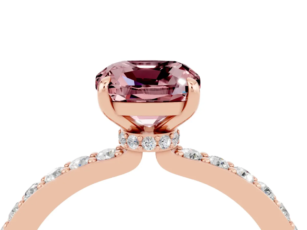 Cushion Cut Morganite Solitaire Engagement Ring with Pavé Band and Four-Prong Setting Rose gold