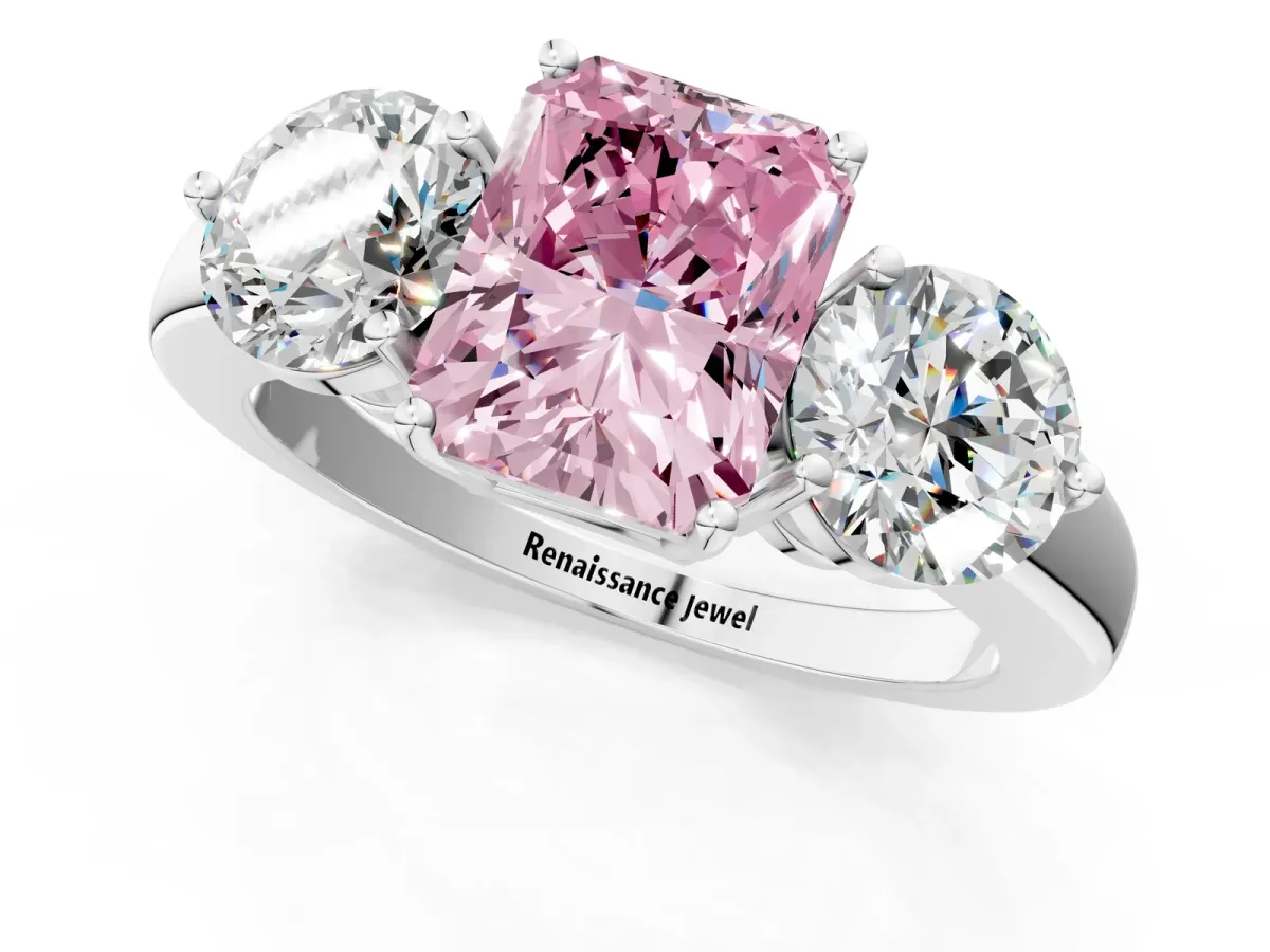 Fancy Pink Radiant Cut Diamond Three-Stone Ring with Prong Setting and Classic Band Platinum