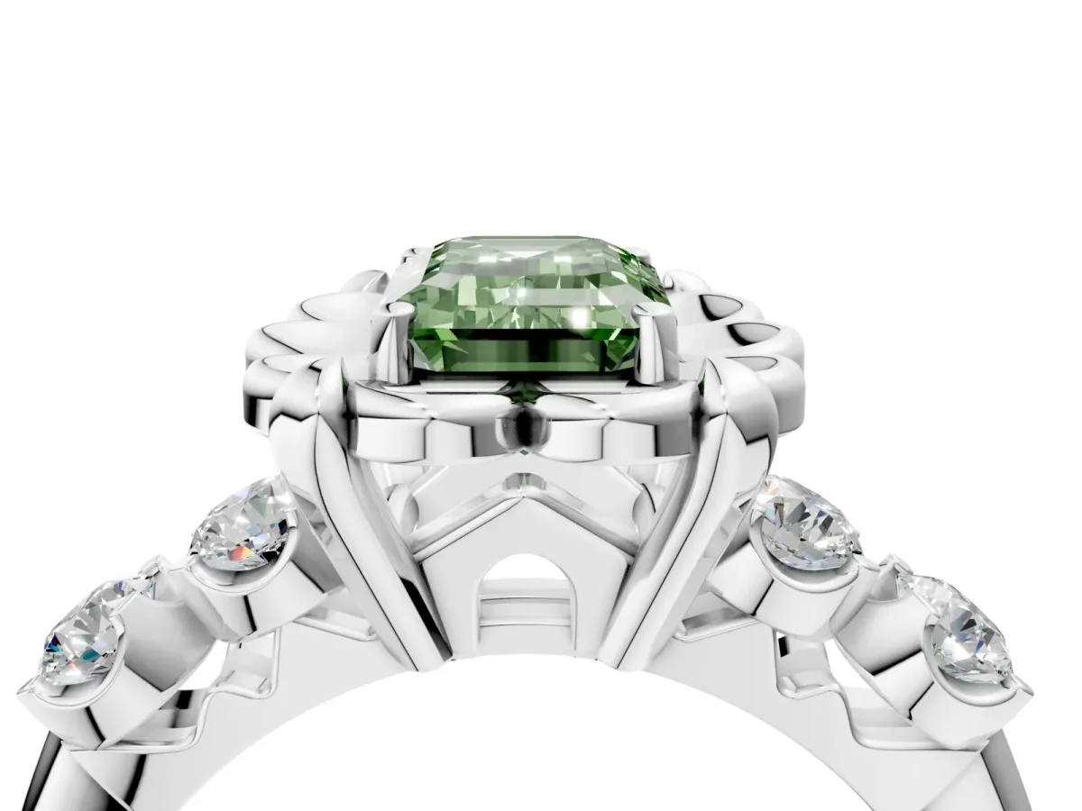 Fancy Green Emerald Cut Cut Diamond Floral Halo Engagement Ring with Shared Prong Setting Silver