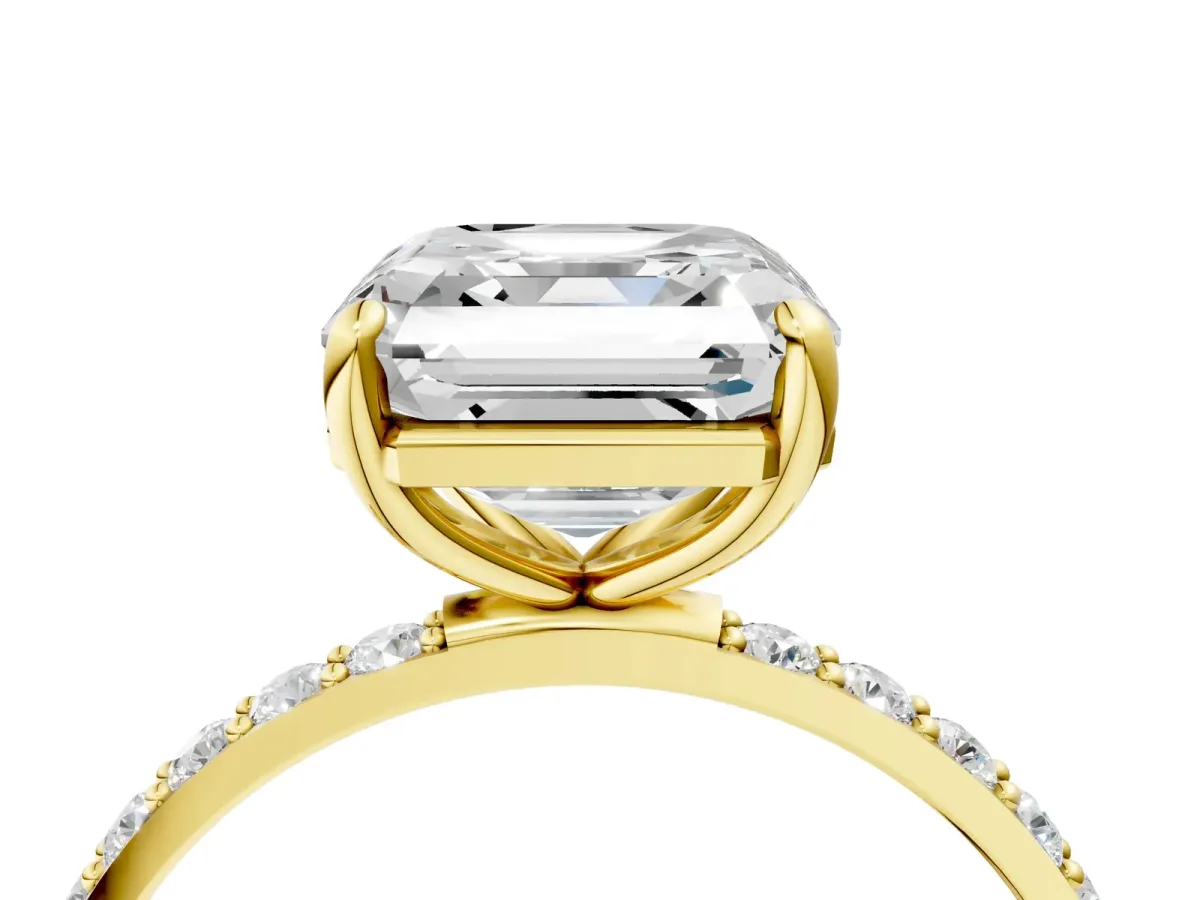 Asscher Cut Diamond Solitaire Ring with Round Moissanite Pavé Band and Prong Setting Yellow gold