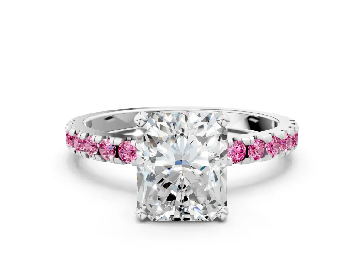Radiant Cut Diamond Solitaire Ring with Round Pink Sapphire Pavé Band and Four-Prong Setting Platinum
