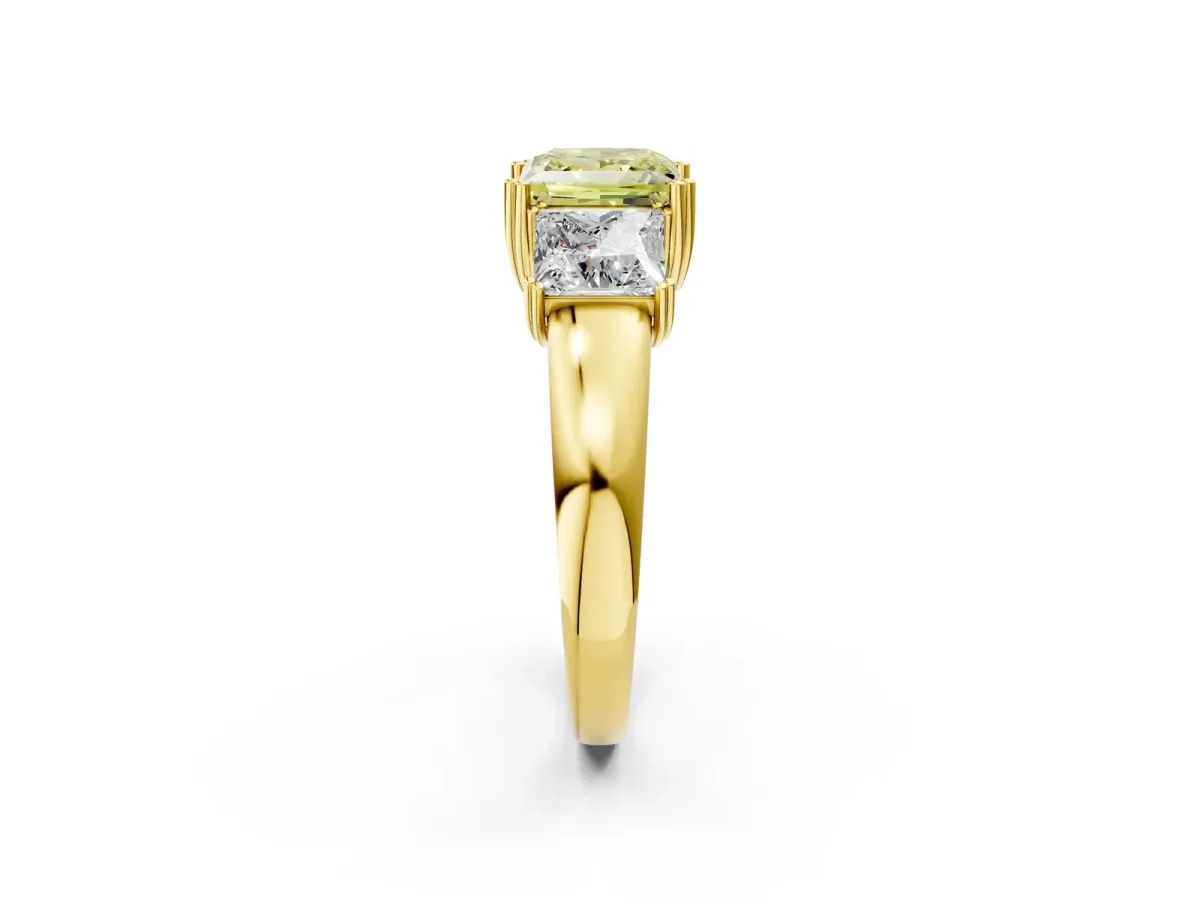 Fancy Yellow Three-Stone Princess Cut Cut Diamond Ring with Channel Set Band and Four-Prong Setting Yellow gold