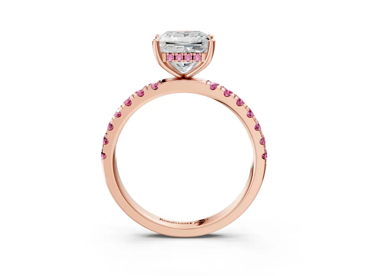 Princess Cut Diamond Pave Band Solitaire Ring with Round Pink Sapphire and Prong Setting Rose gold