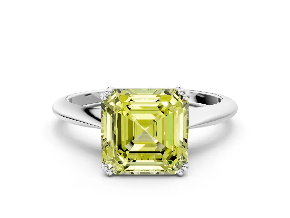 Fancy Yellow Asscher Cut Solitaire Diamond Ring with Six-Prong Setting and Classic Band Platinum