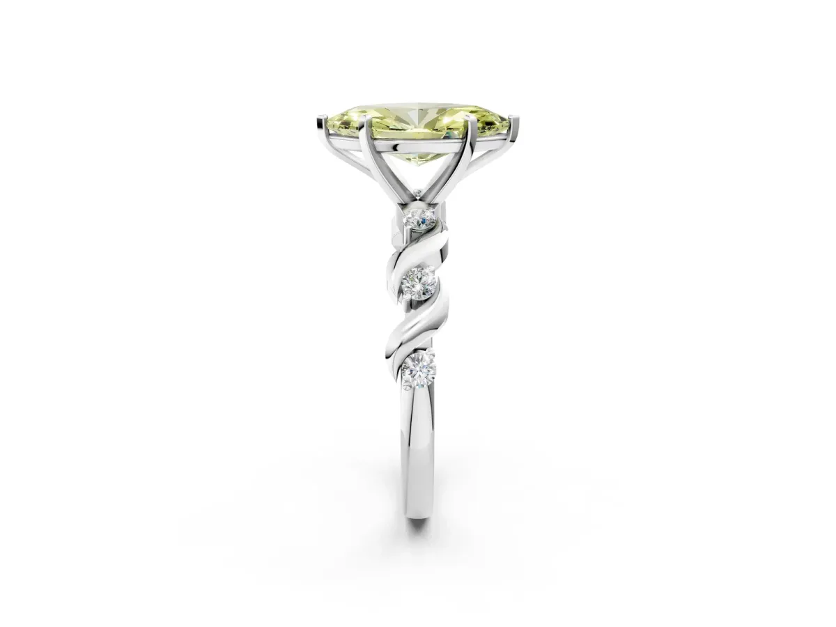 Fancy Yellow Marquise Cut Diamond Solitaire Twisted Band with Round Accents and Prong Setting White gold