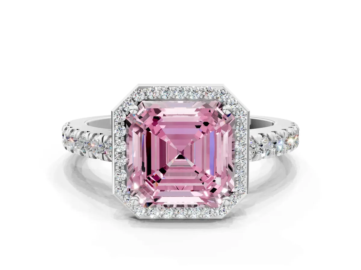 Fancy Pink Asscher Cut Cut Halo Diamond Engagement Ring with Pave Band and Four-Prong Setting Platinum