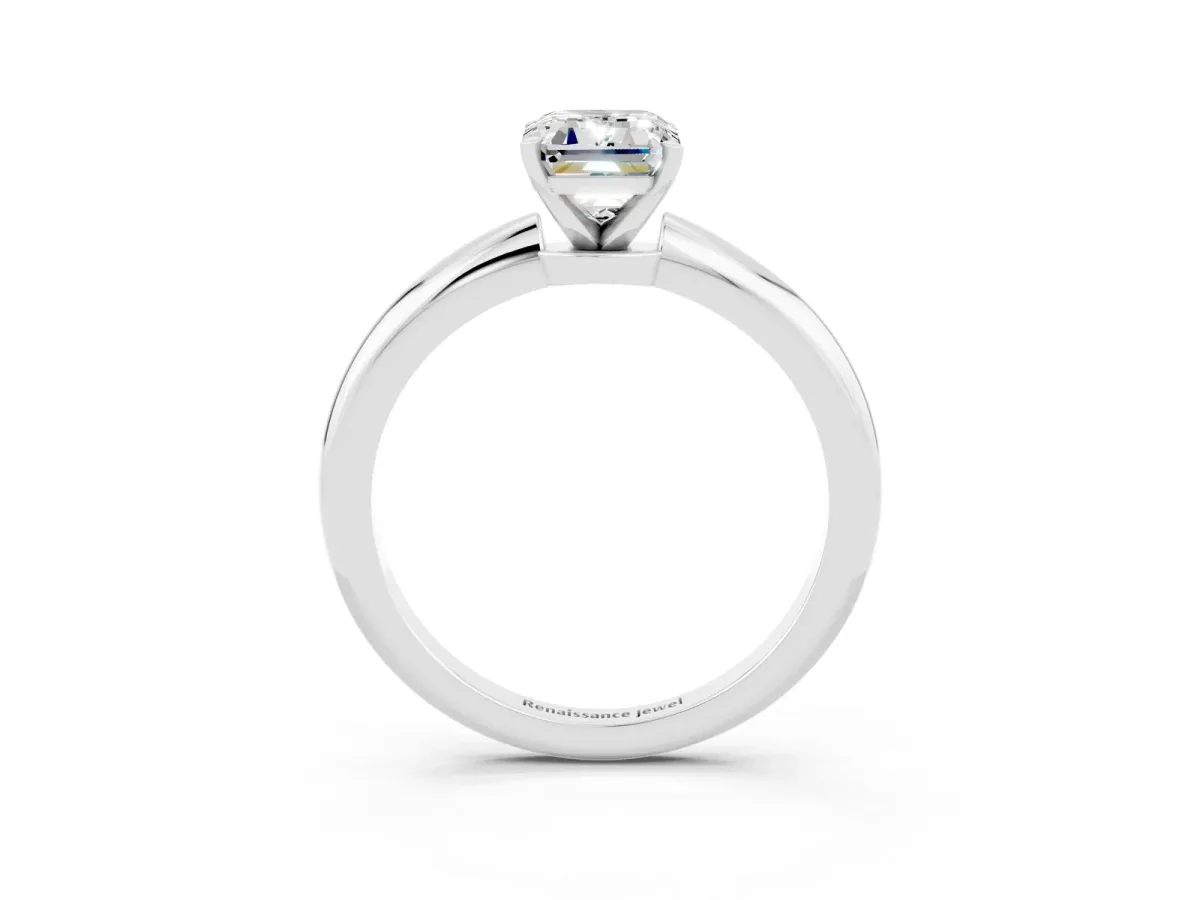 Emerald Cut Moissanite Solitaire Ring with Six-Prong Setting and Classic Band Platinum