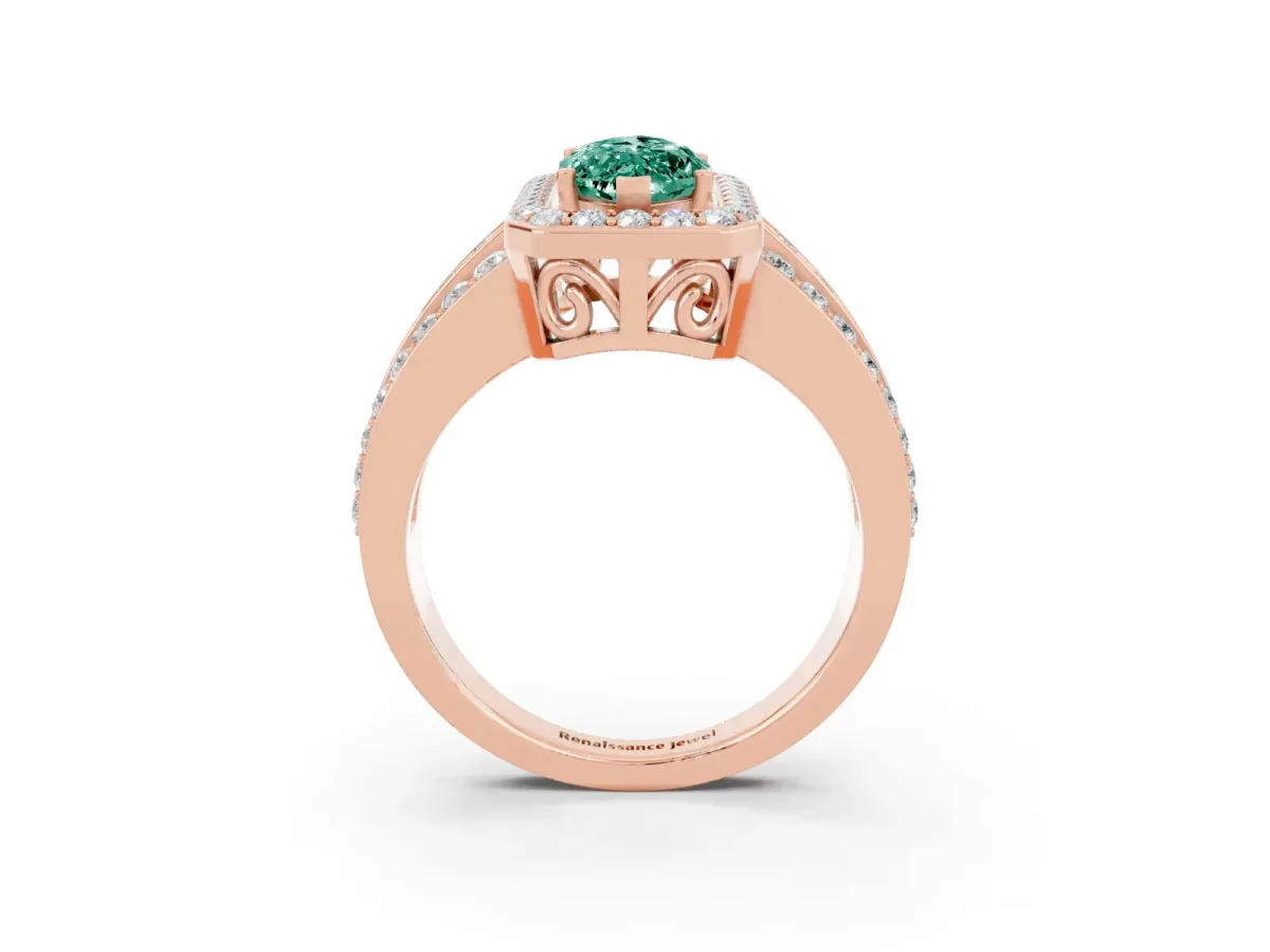Marquise Cut Halo Green Sapphire Ring with Round Split Shank and Prong Setting Rose gold