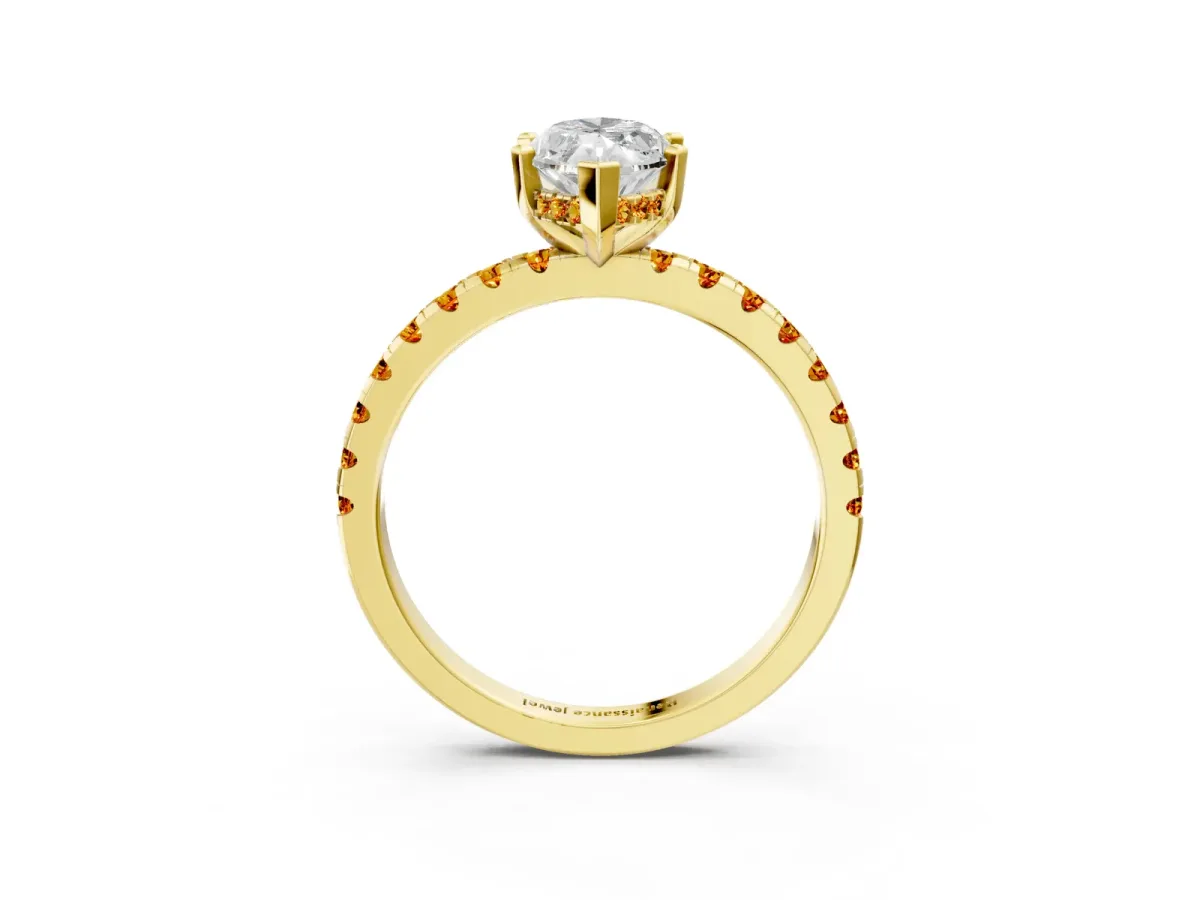 Marquise Cut Diamond Solitaire Ring with Round Citrine Pavé Band and Four-Prong Setting Yellow gold