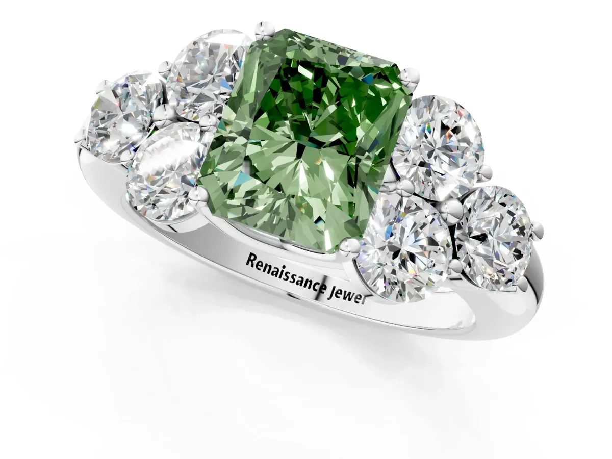 Fancy Green Radiant Cut Cut Diamond Cluster Ring with Round Accent Stones and Prong Setting on a Classic Band Platinum