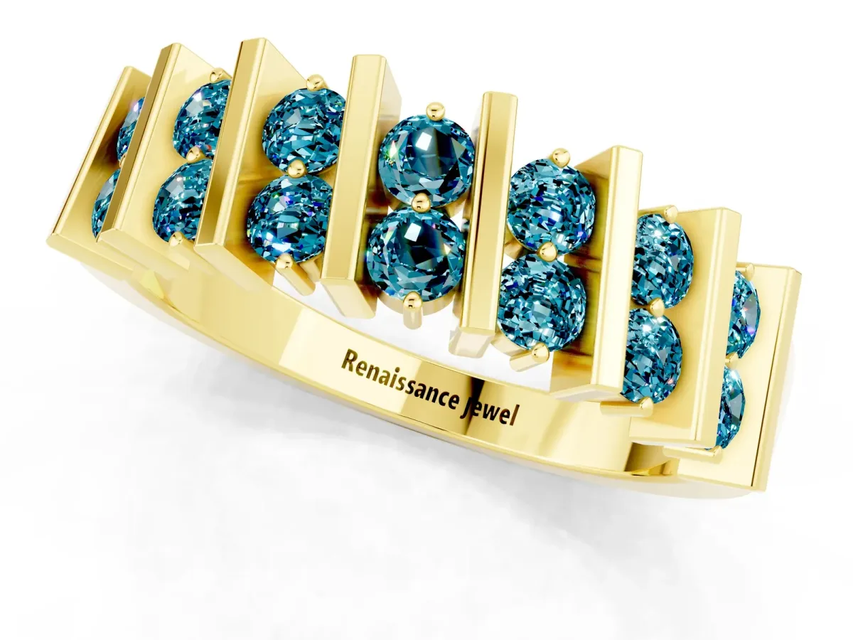 Channel Set Round Blue Topaz Anniversary Band with Vertical Prongs Yellow gold