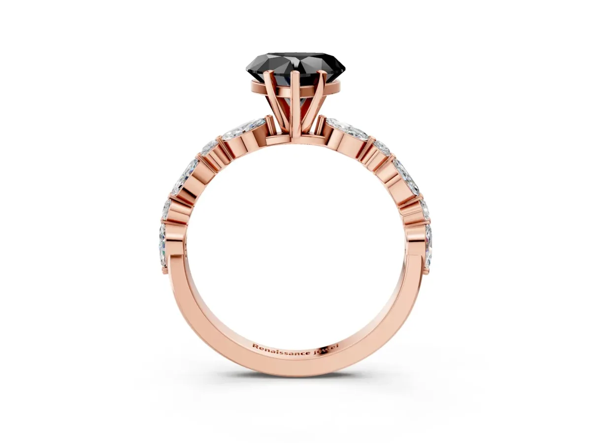Fancy Black Heart Cut Diamond Ring with Marquise and Round Side Stones and Four-Prong Setting Rose gold