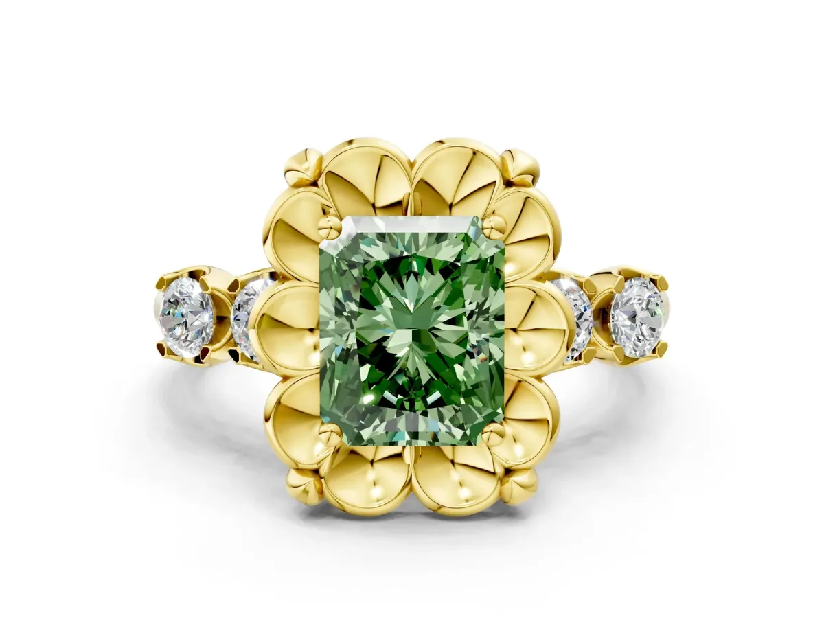 Fancy Green Radiant Cut Cut Diamond Floral Halo Engagement Ring with Shared Prong Setting Yellow gold