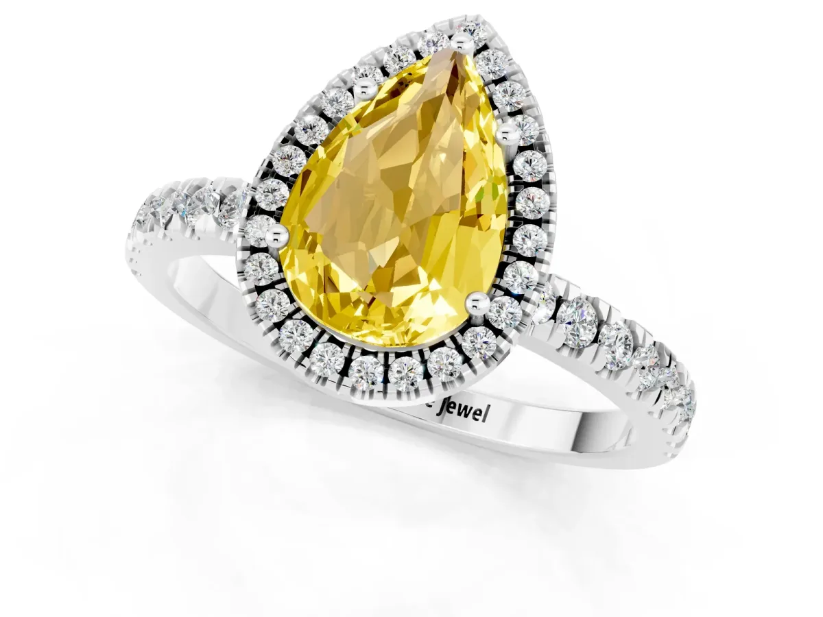 Pear Cut Yellow Sapphire Classic Halo Engagement Ring with Round Pavé Band and Prong Setting Silver
