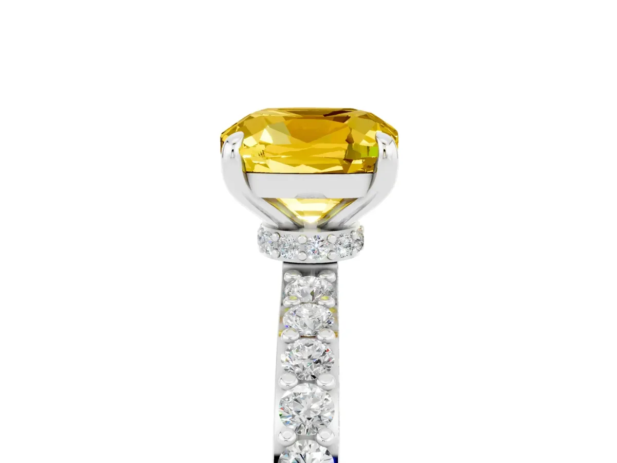 Cushion Cut Yellow Sapphire Solitaire Engagement Ring with Pavé Band and Four-Prong Setting White gold