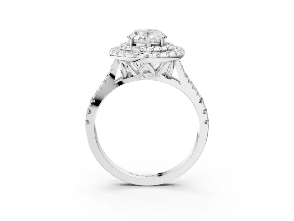 Double Halo Oval Cut Diamond Pavé Split Shank Ring with Prong Setting Silver
