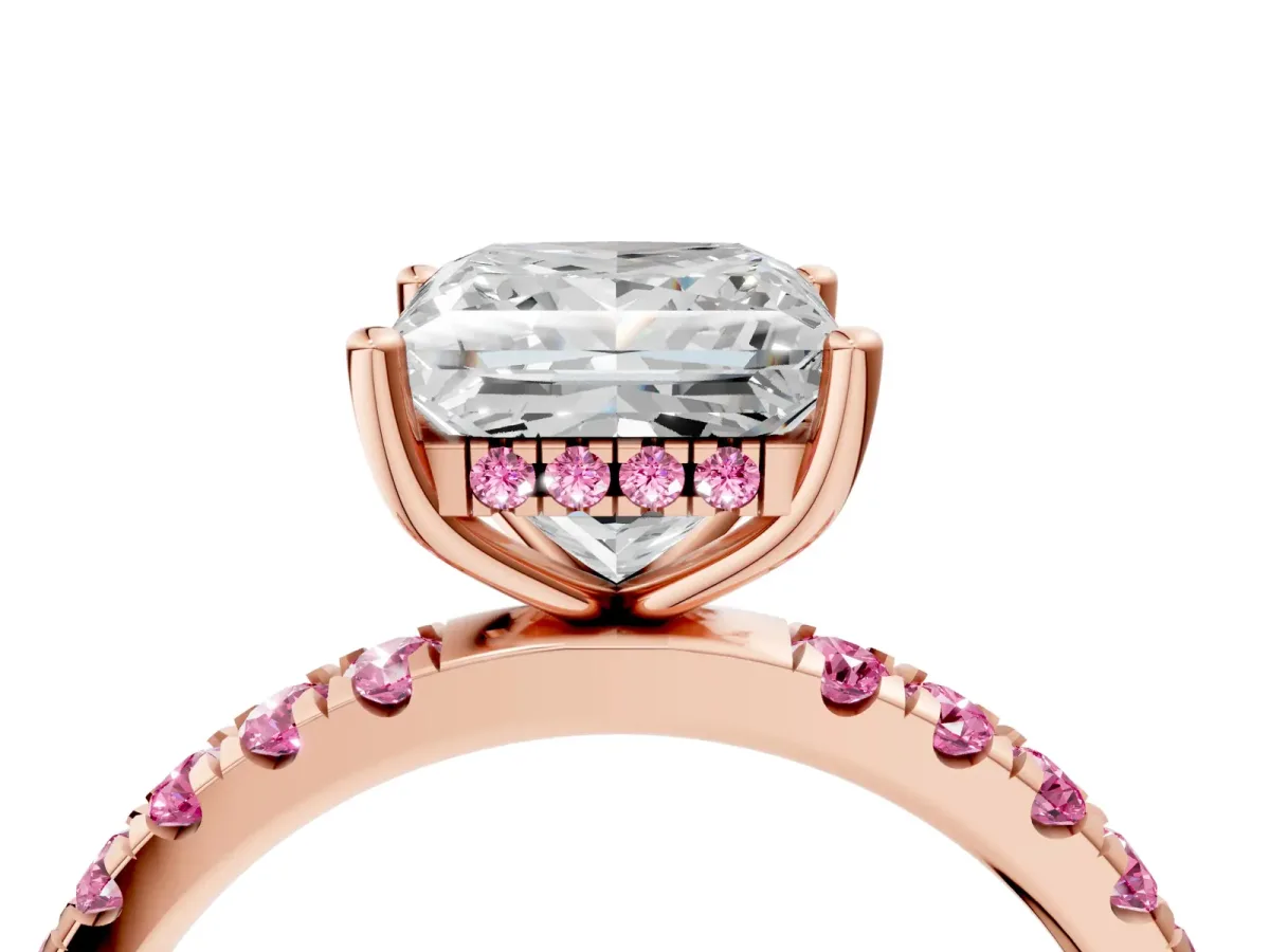 Princess Cut Diamond Pave Band Solitaire Ring with Round Pink Sapphire and Prong Setting Rose gold