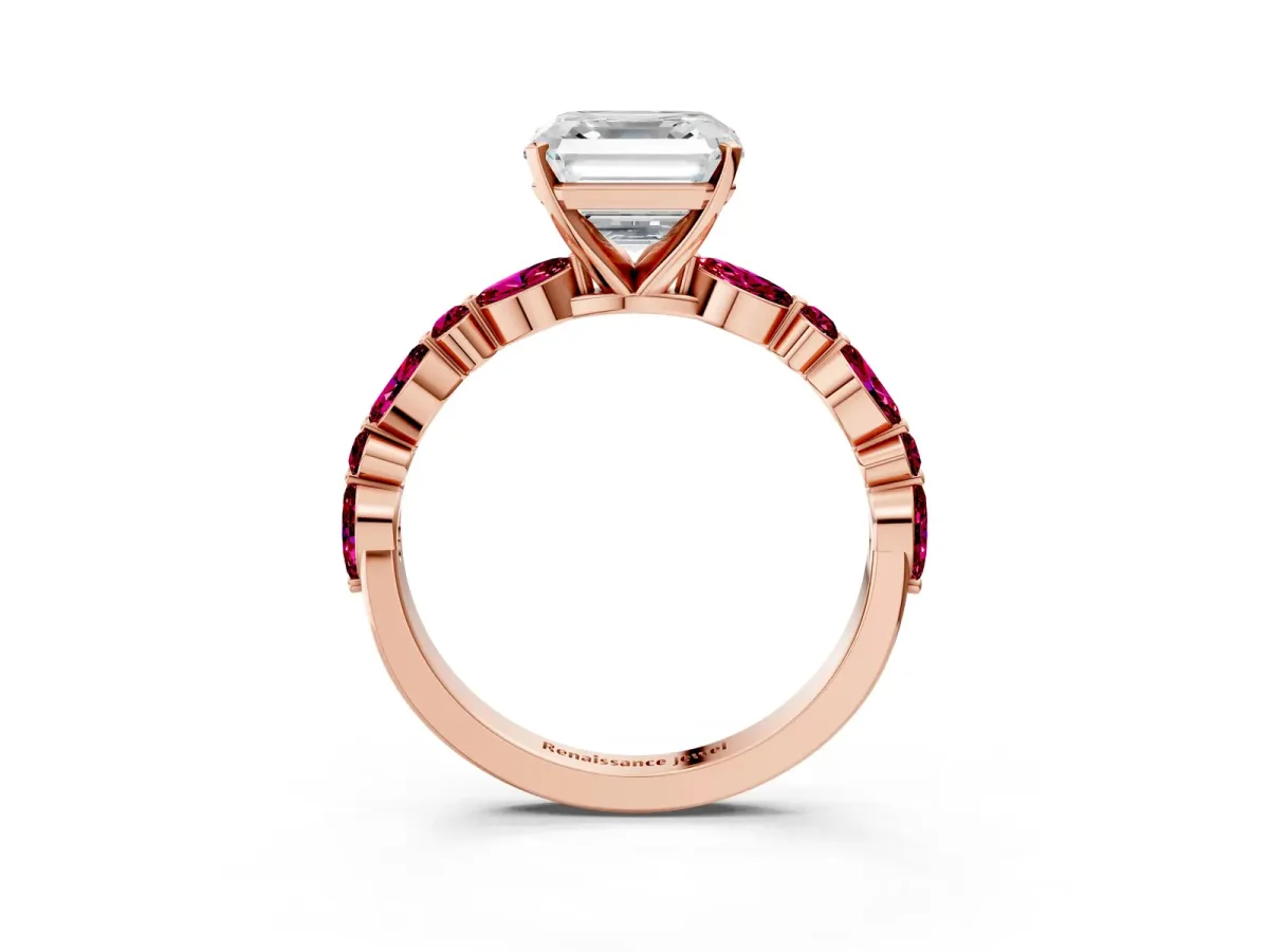 Asscher Cut Diamond Ring with Marquise and Round Garnet Side Stones and Four-Prong Setting Rose gold
