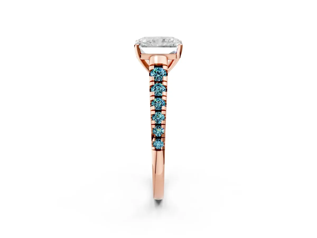 Radiant Cut Diamond Cathedral Solitaire Ring with Round Blue Topaz Pavé Band Rose gold