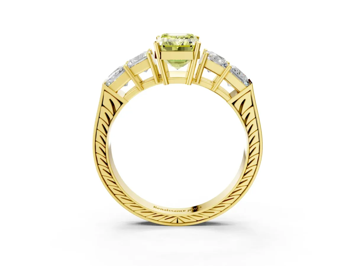 Fancy Yellow Emerald Cut Solitaire Princess Side Stone Engraved Band Prong Setting Ring Yellow gold