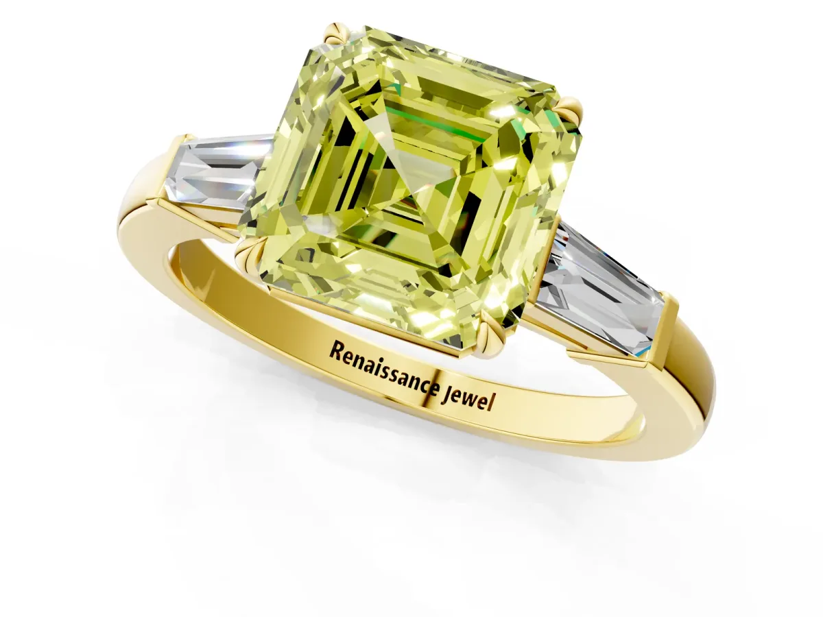 Fancy Yellow Asscher Cut Diamond Three-Stone Ring with Tapered Baguette Side Stones and Prong Setting Yellow gold
