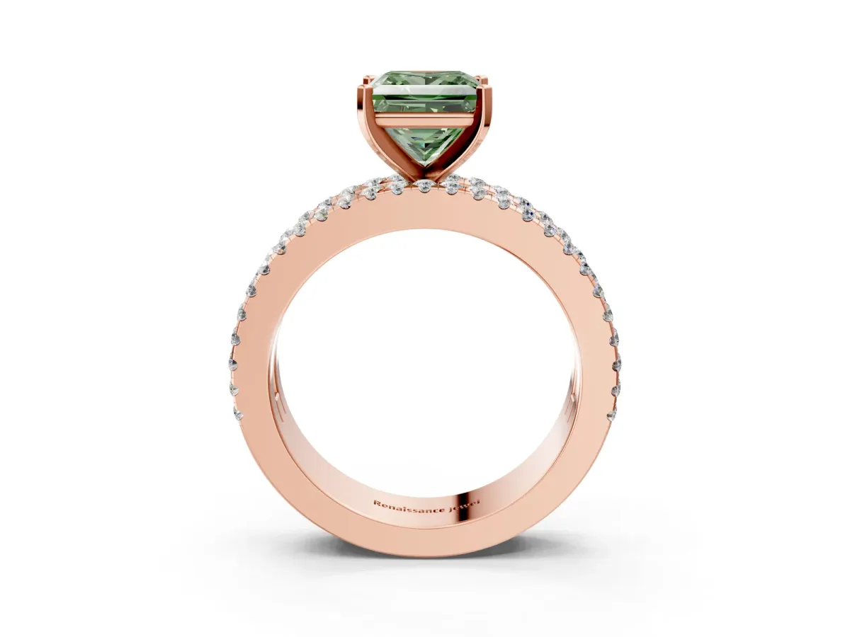 Fancy Green Princess Cut Diamond Solitaire Ring with Pavé and Channel Set Band Rose gold