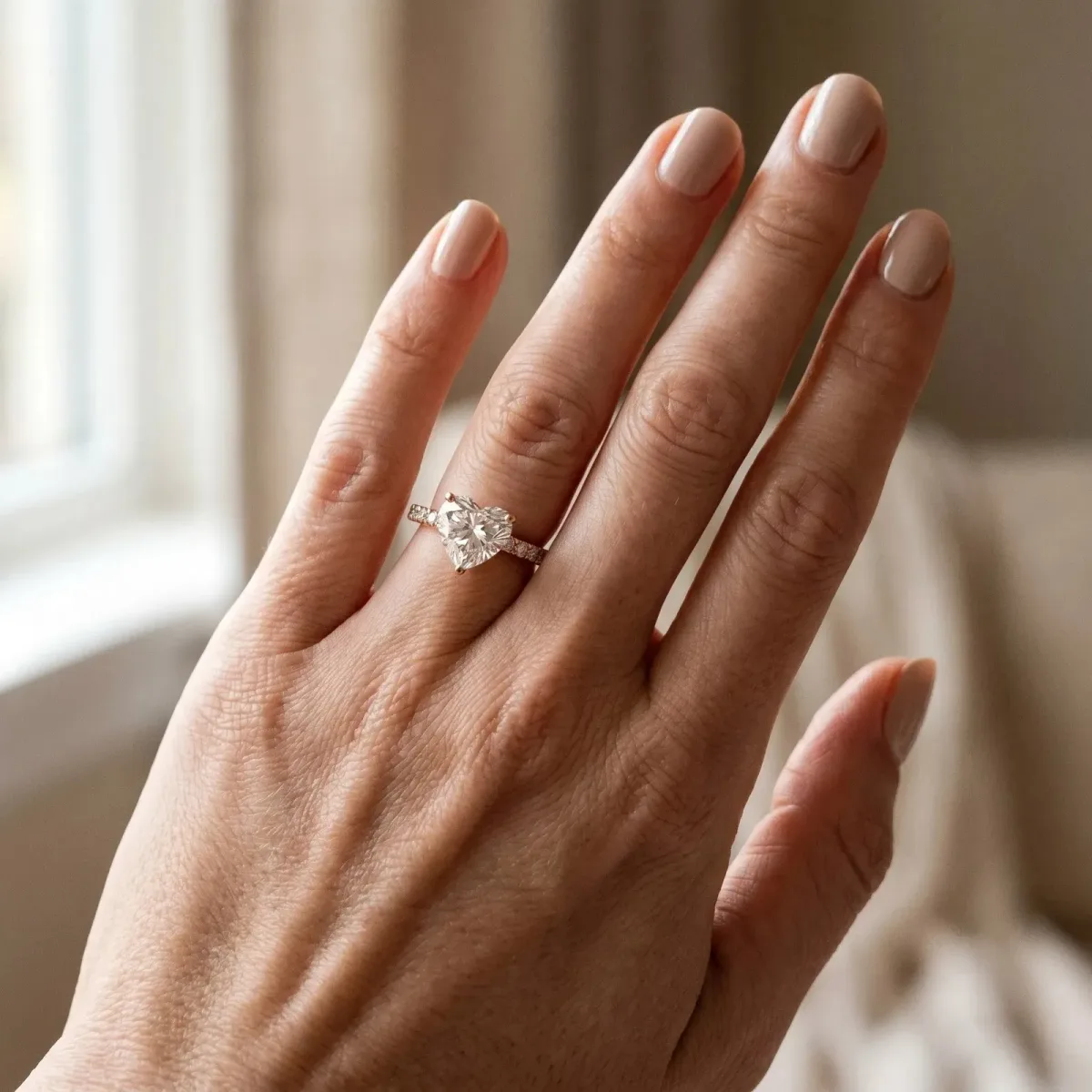 Heart Cut Moissanite Solitaire Ring with Round Pavé Band and Four-Prong Setting Rose gold