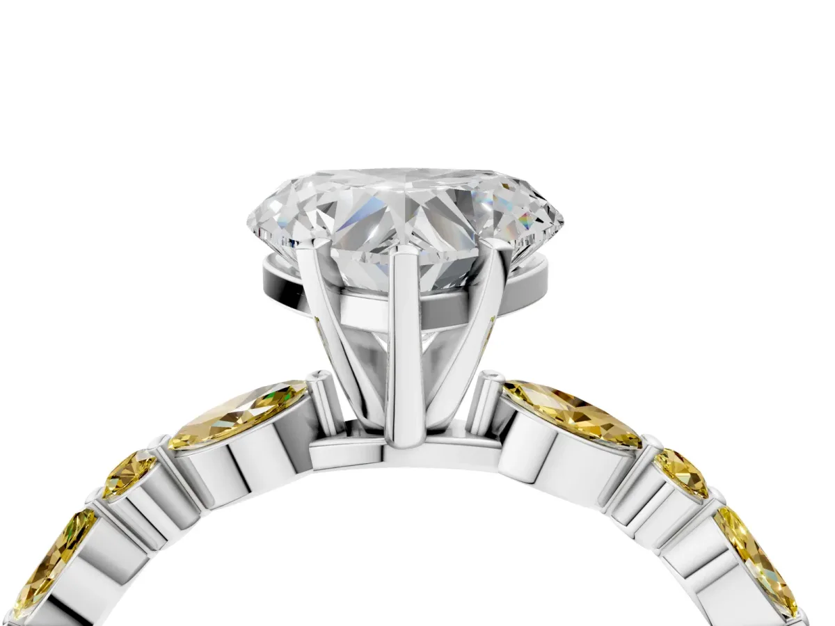 Heart Cut Diamond Ring with Marquise and Round Yellow Sapphire Side Stones and Four-Prong Setting Platinum