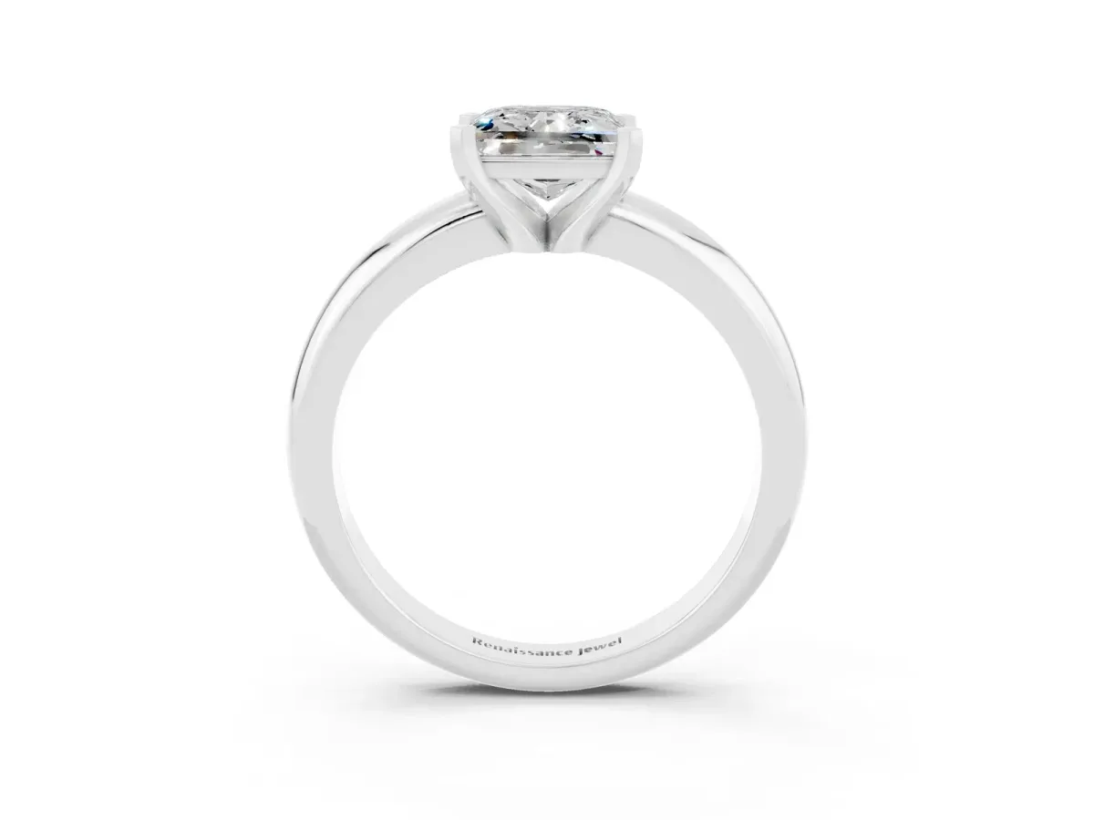 Princess Cut Moissanite Solitaire Engagement Ring with Round Band and Four-Prong Setting White gold