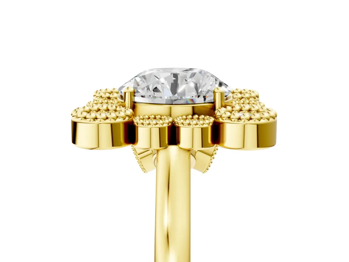 Round Cut Halo Diamond Cluster Engagement Ring with Milgrain Bezel Setting and Solitaire Band Yellow gold