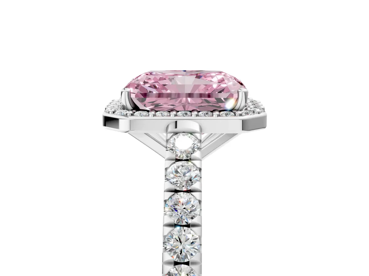 Fancy Pink Radiant Cut Cut Halo Diamond Engagement Ring with Pave Band and Four-Prong Setting Platinum