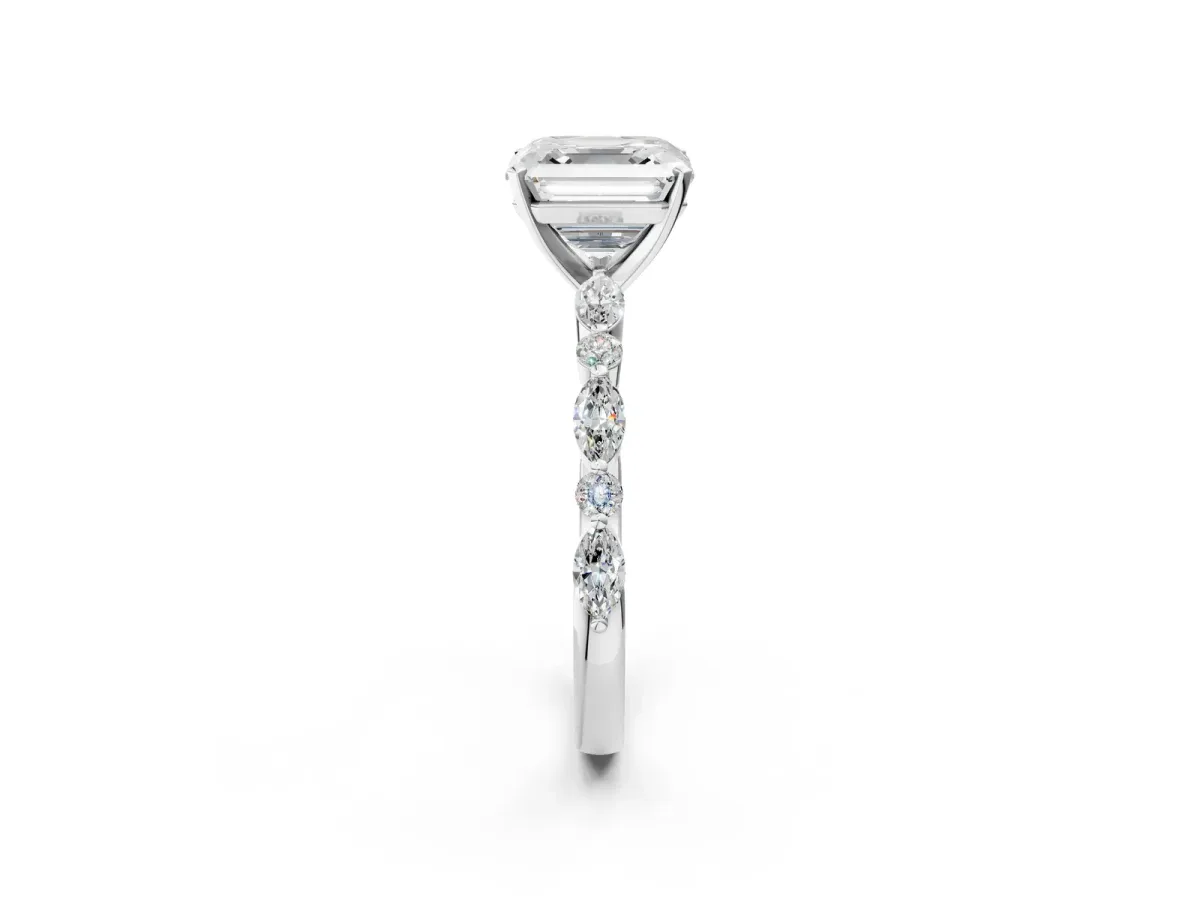 Asscher Cut Diamond Ring with Marquise and Round Moissanite Side Stones and Four-Prong Setting White gold