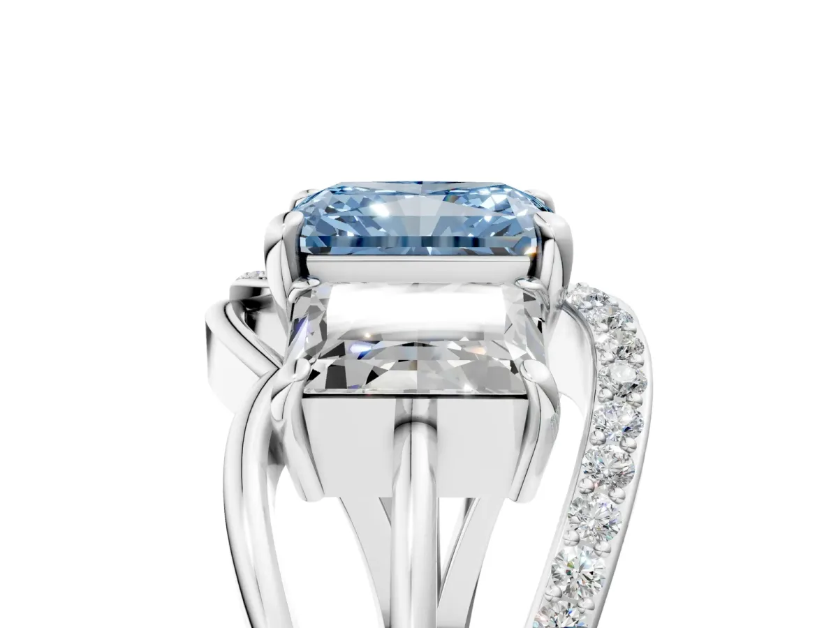 Fancy Blue Three-Stone Radiant Cut Cut Diamond Split Shank Prong Set Ring Platinum