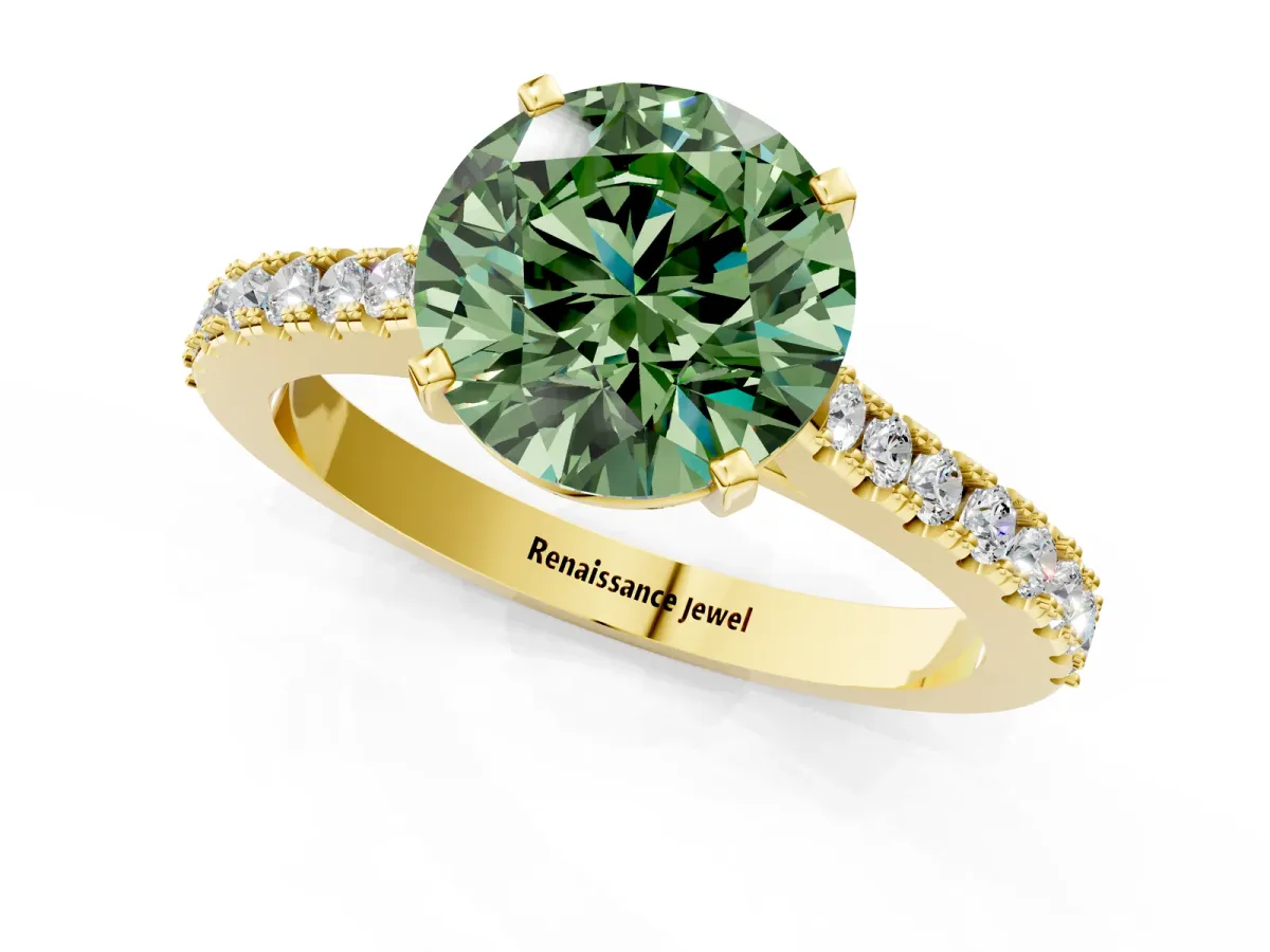Fancy Green Asscher Cut Cut Solitaire Diamond Engagement Ring with Pave Band and Four-Prong Setting Yellow gold