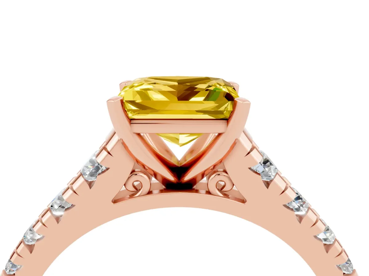 Princess Cut Yellow Sapphire Cathedral Solitaire Ring with Round Pavé Band Rose gold