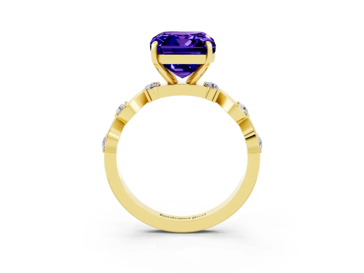 Emerald Cut Tanzanite Solitaire Twisted Band with Round Accents and Prong Setting Yellow gold